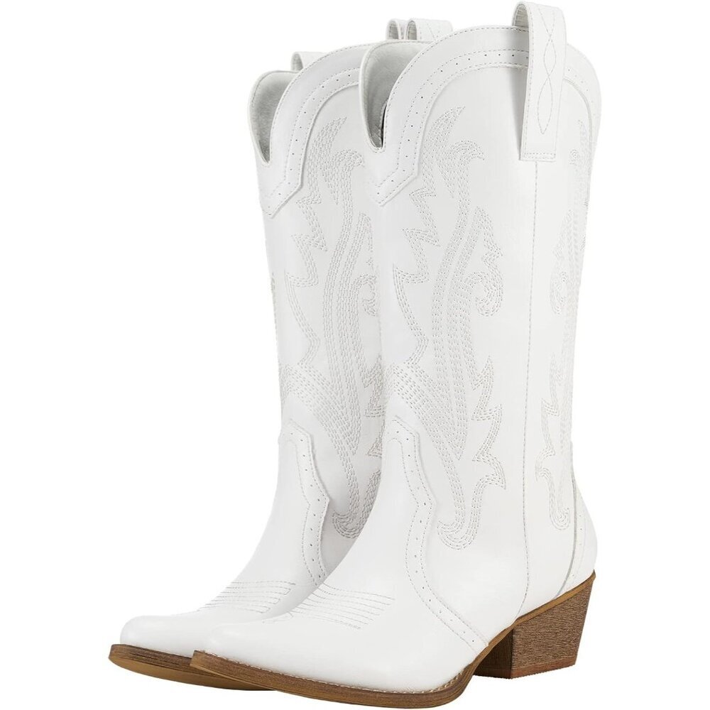 Women's White Comfortable Pointed Toe Embroidered Western Cowgirl Boots